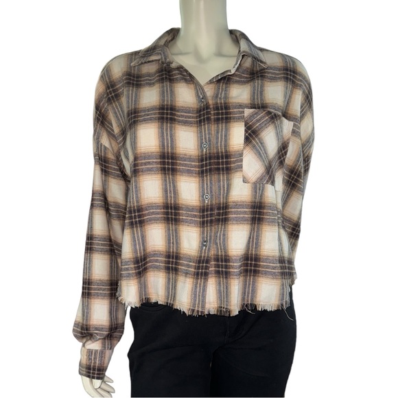 FADED ROSE CROP BROWN BEIGE & BLACK LONG SLEEVE BUTTON DOWN FLANNEL SIZE XL - Picture 1 of 17